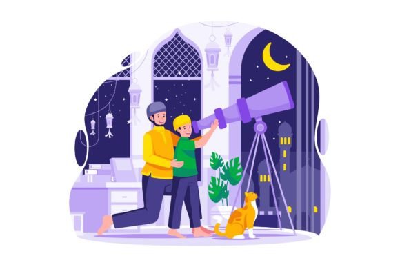 Family Looking for Hilal Illustration Graphics